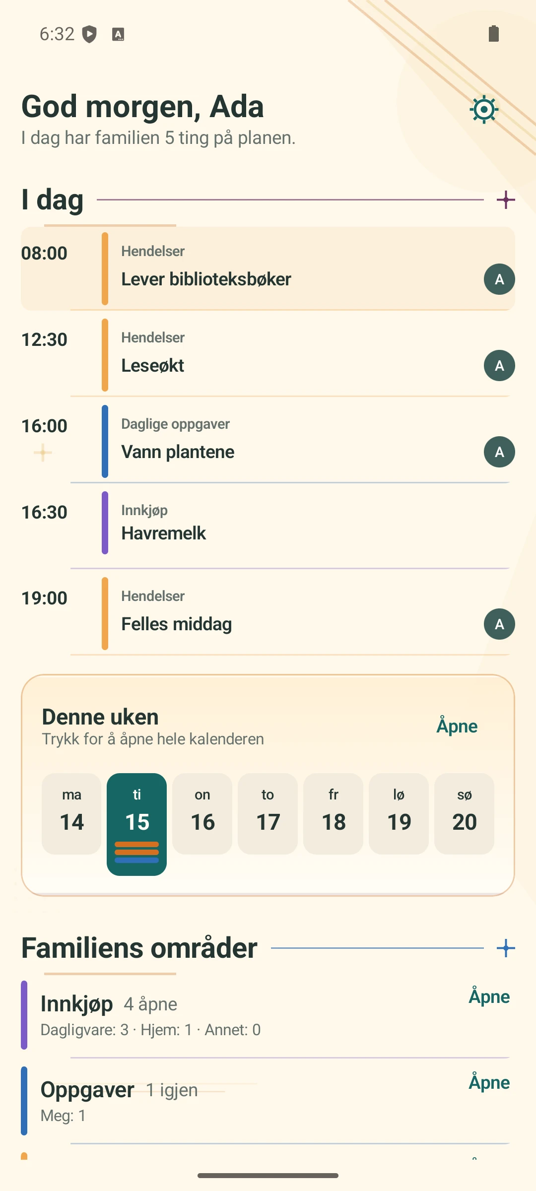 Kalenderappens startskjerm klokken 06:30 med dagens avtaler, oppgave, handlepunkt og ukeoversikt for den syntetiske familien.