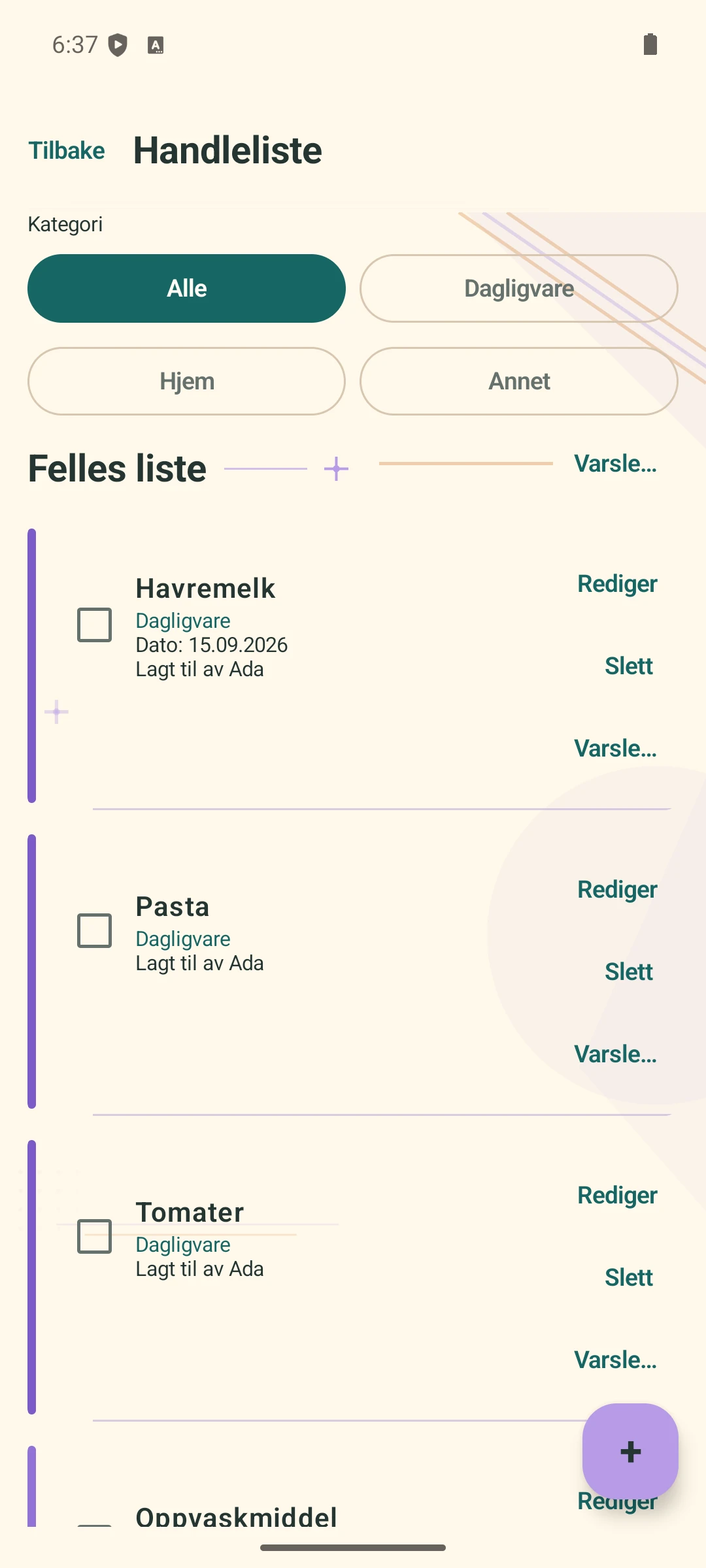 Den delte handlelisten før avkryssing med fire varer, inkludert Havremelk.