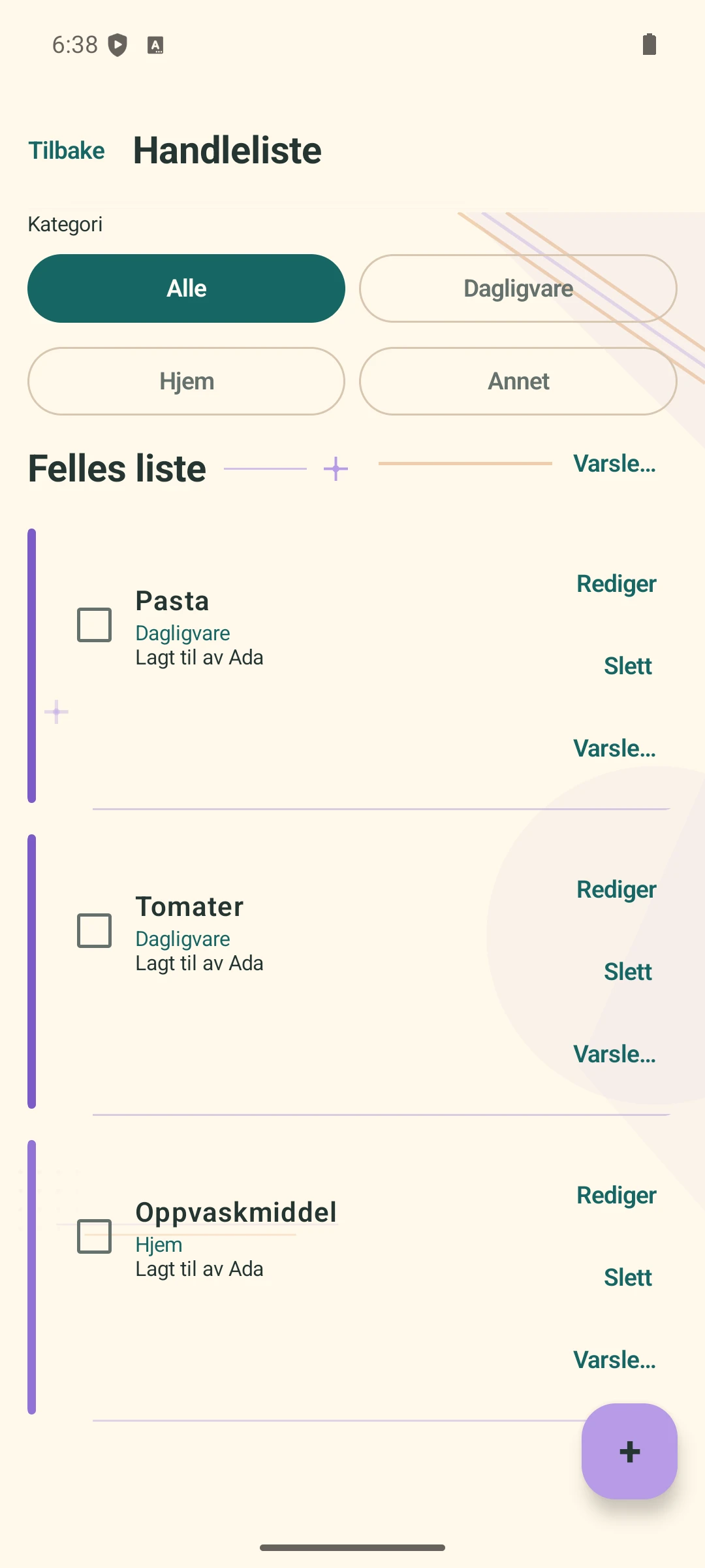 Den delte handlelisten etter at Havremelk er krysset av og fjernet; tre varer gjenstår.