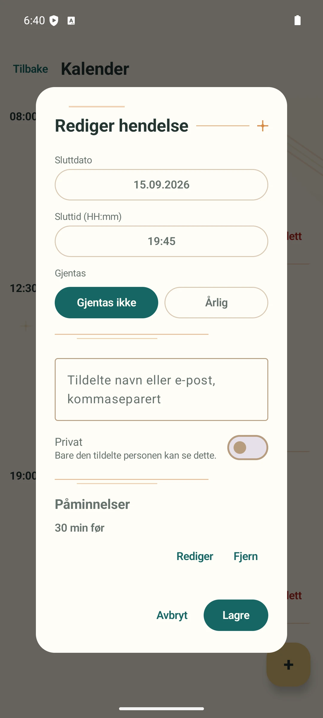 Hendelsesinnstillinger med Privat slått av, 30 minutters påminnelse og sluttid 19:45.